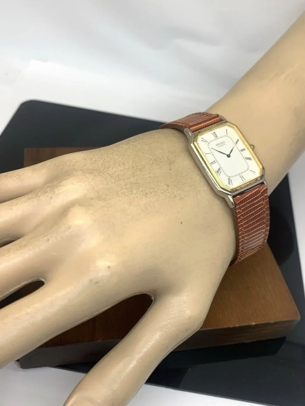 Seiko Watch 2320-6380 Quartz Tank Two Tone Case Brown Leather Strap 1981 25mm